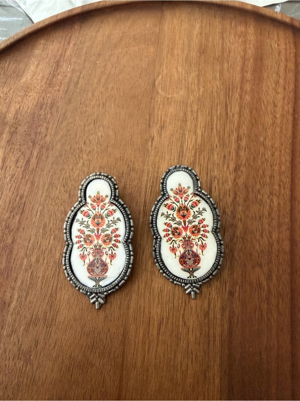 Floral Enamel Drop Earrings - White & Orange Floral Motif